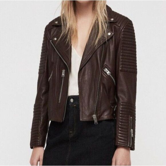 All Saints Jackets & Blazers - New All Saints Women’s Estella Lamb Leather Biker Bordeaux US 6